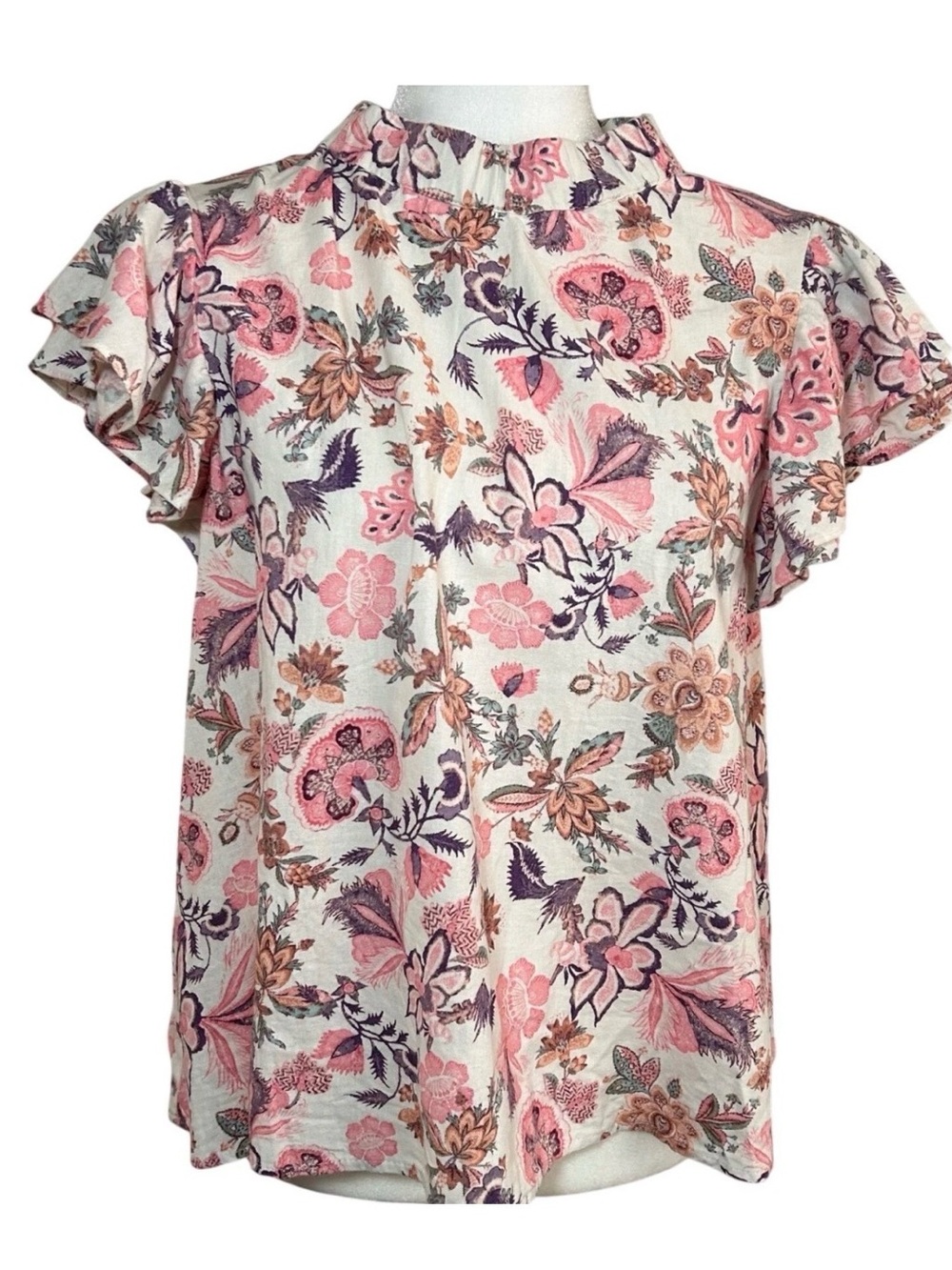 Who What Wear Floral Linen Blend Flutter Sleeve Mock Neck Blouse Pink SMALL